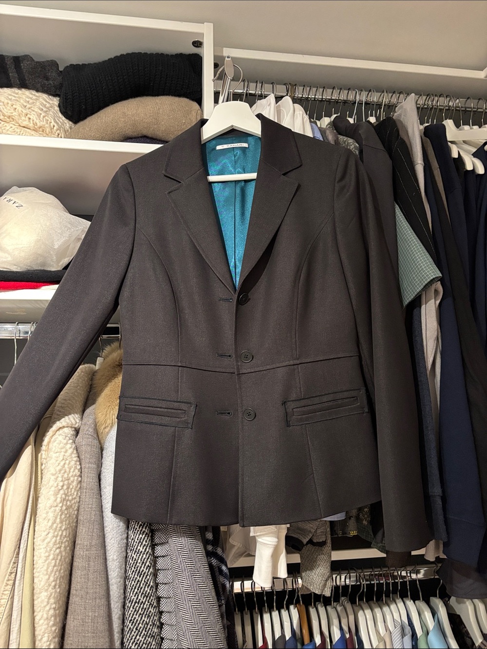 Tahari Black Women's Tailored Blazer with Teal Lining